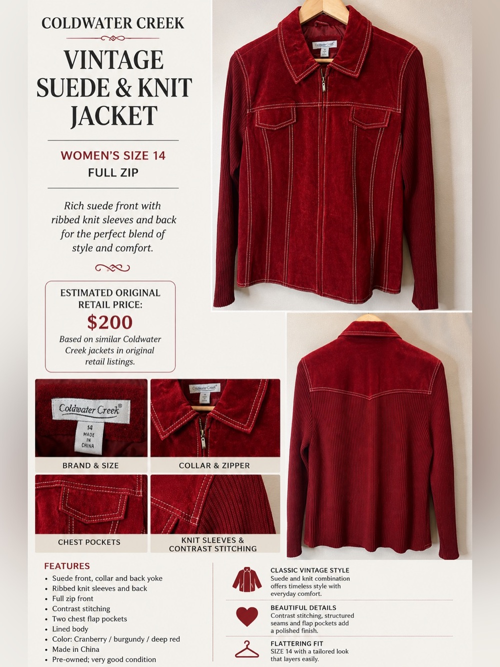 Vintage Coldwater Creek Red Suede Leather Knit Jacket Women’s Size 14 Full Zip